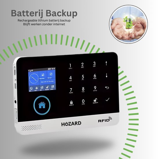 Hozard alarmsysteem bedieningspaneel met touchscreen en batterij-icoon.
