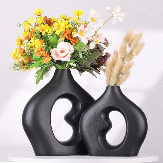 Donut Ceramic Vases Set of 2 - Scandinavian Style Circle Black Vases for Home Decor, Ideal for Pampas Grass, Perfect as Dining Table Centerpiece, Entrance Decor or Mantle Decor