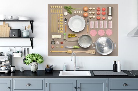 Sticker Muursticker Flat Lay Food - Table avec accessoires de cuisine - 120x90 cm - film autocollant - sticker mural repositionnable