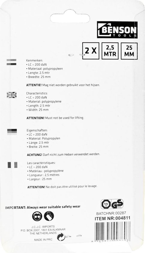 Benson spanbanden: Kenmerken: LC=200 daN, Materiaal: polypropyleen, Lengte: 2,5 mtr, Breedte: 25 mm.