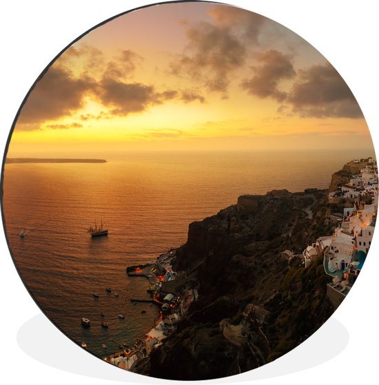 WallCircle - Wandcirkel - Muurcirkel - Het vissersdorp Santorini Griekenland bij zonsondergang - Aluminium - Dibond - ⌀ 30 cm - Binnen en Buiten