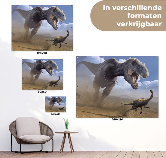 Affiche de jardin Dino - Animaux sauvages - Dessin - Enfants - Garçons - Enfants - 130x90 cm - Décoration murale Extérieur - Affiche de jardin - Toile de jardin - Affiche de clôture - Peinture de jardin