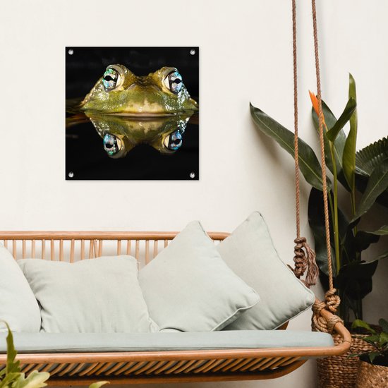 Tuinposter 50x50 cm - Tuindecoratie Kikker - Ogen - Portret - Poster voor in de tuin - Buiten decoratie - Schutting tuinschilderij - Tuindoek muurdecoratie - Wanddecoratie balkondoek