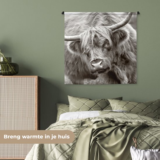 Wandkleed - Wanddoek - Schotse Hooglander - Zwart - Wit - Hoorns - 90x90 cm - Wandtapijt
