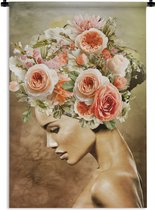 Wandkleed - Wanddoek - Vrouw - Bloemen - Roze - 90x135 cm - Wandtapijt