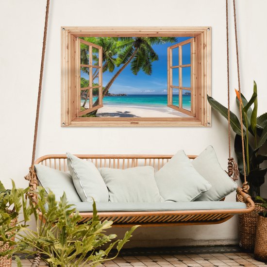 Poster de jardin Plage - Vue - Palmier - Mer - Île - Fenêtre marron clair - 120x80 cm - Toile de jardin - Poster extérieur