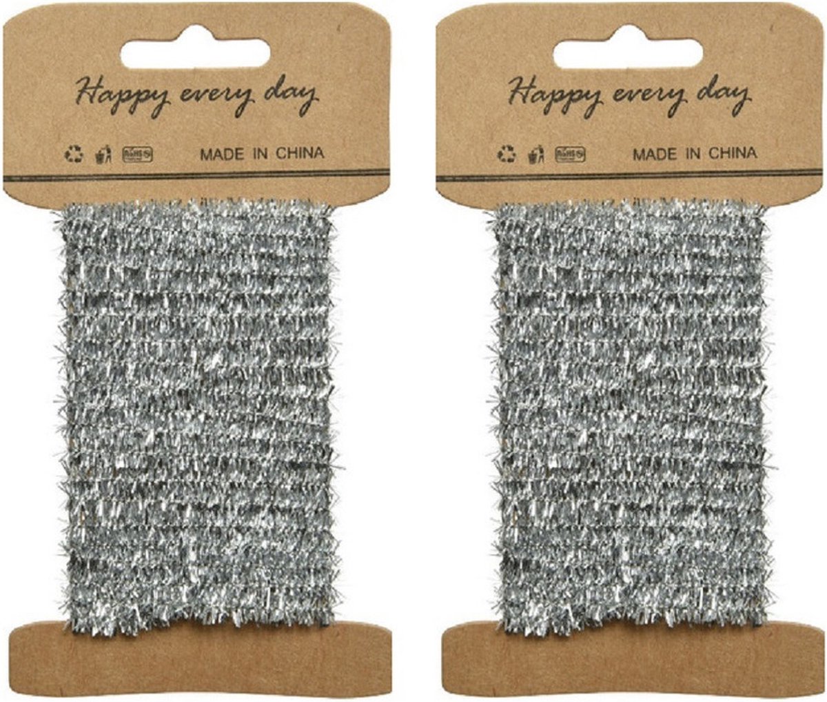 Decoris Lametta lint zilver - 2x - 200 cm lang - 6 mm diameter - met ijzerdraad - kerstboom versiering