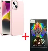 Solid hoesje Soft Touch Liquid Silicone + 1X Screenprotector Tempered Glass - Geschikt voor: iPhone 14 - Lichtroze