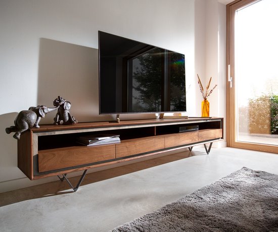Tv-meubel Stonegrace acacia bruin steenfineer 240 cm 4 laden 1 legplank V-poots Tv-meubel zwart