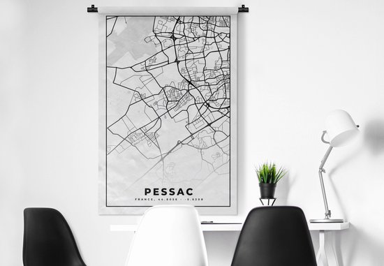 Wandkleed - Wanddoek - Kaart - Stadskaart - Frankrijk - Plattegrond - Pessac - Zwart wit - 90x135 cm - Wandtapijt