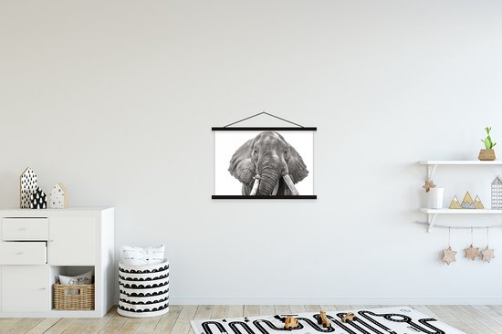 Posterhanger incl. Poster 60x40 cm - Schoolplaat - Olifant - Portret - Dieren - Zwart wit - Textielposter - Zwarte latten