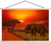 Posterhanger incl. Poster 120x80 cm - Schoolplaat - Olifant - Zonsondergang - Oranje - Savanne - Dieren - Textielposter - Blanke latten