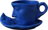 Prachtige kunstkus keramische oorhangende, met de hand gezette koffiekop en schotelset Blauw