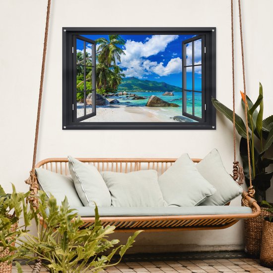 Tuinposters - Tuindecoratie - Doorkijk - Strand - Tropisch - Zomer - 120x80 cm - Tuin decoratie - Schutting decoratie - Tuinposter - Schuttingdoek - Buitenposter - Tuinversiering - Balkon decoratie - Tuinschilderij