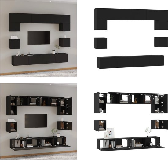 vidaXL 8-delige Tv-meubelset bewerkt hout zwart - Tv-kast - Tv-kasten - Tv-meubel - Hifi-meubel