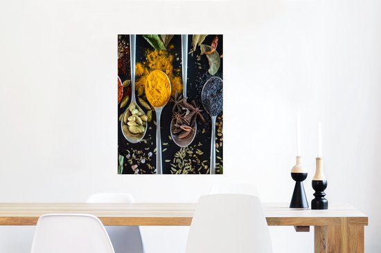 Affiche Herbes - Cuillère - Épices - Zwart - Cuisine - 60x80 cm
