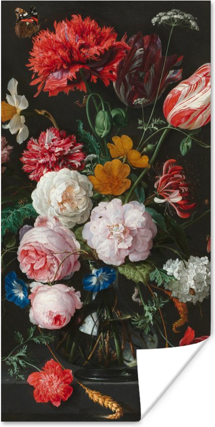 Poster Stilleven met bloemen in een glazen vaas - Schilderij van Jan Davidsz. de Heem - 20x40 cm