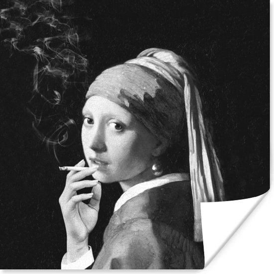 Poster Het meisje met de parel - Johannes Vermeer - Zwart - Wit - 30x30 cm