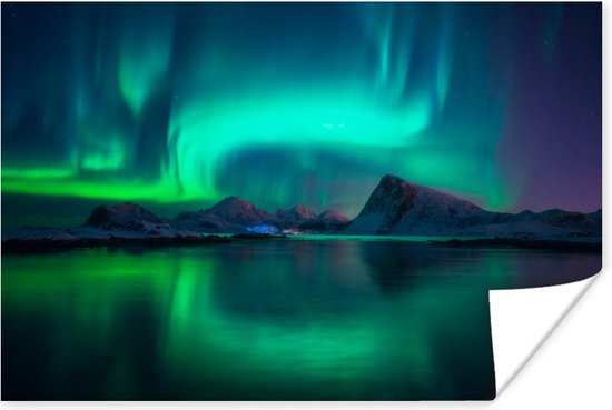 Noorderlicht bij de Lofoten in Noorwegen Poster 180x120 cm - Foto print op Poster (wanddecoratie woonkamer / slaapkamer) / Nacht Poster XXL / Groot formaat!