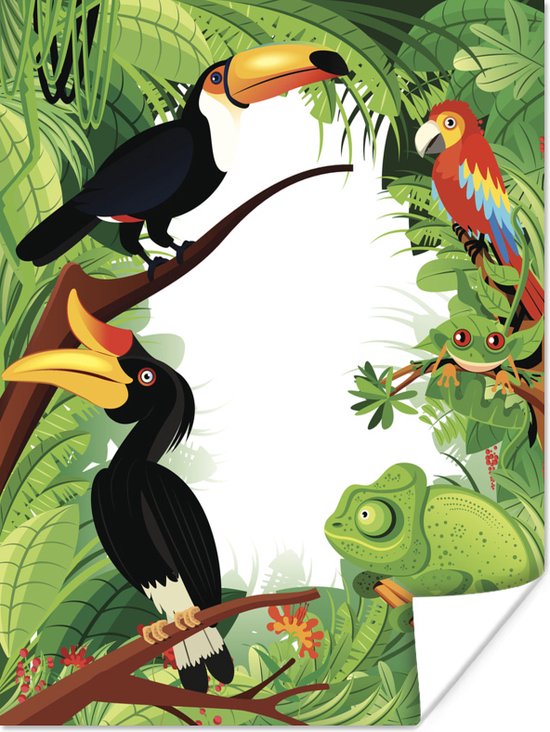 Poster Een vector illustratie van een tropisch regenwoud met toekans - 60x80 cm