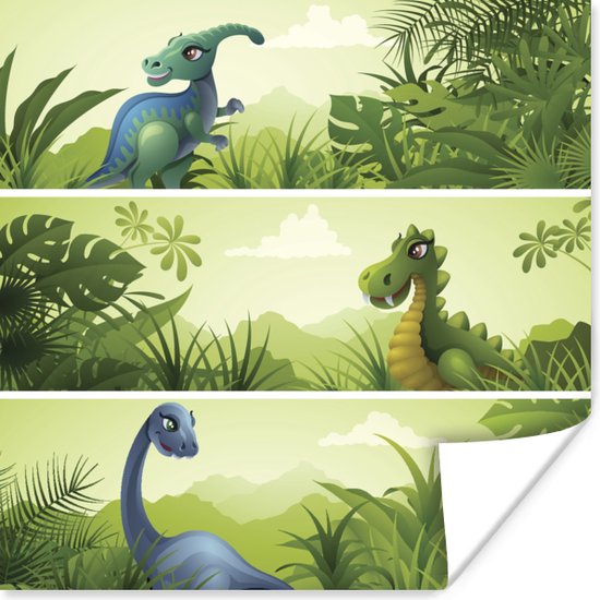 Drie illustraties van leuke dinosaurussen poster 50x50 cm - Foto print op Poster (wanddecoratie woonkamer / slaapkamer)