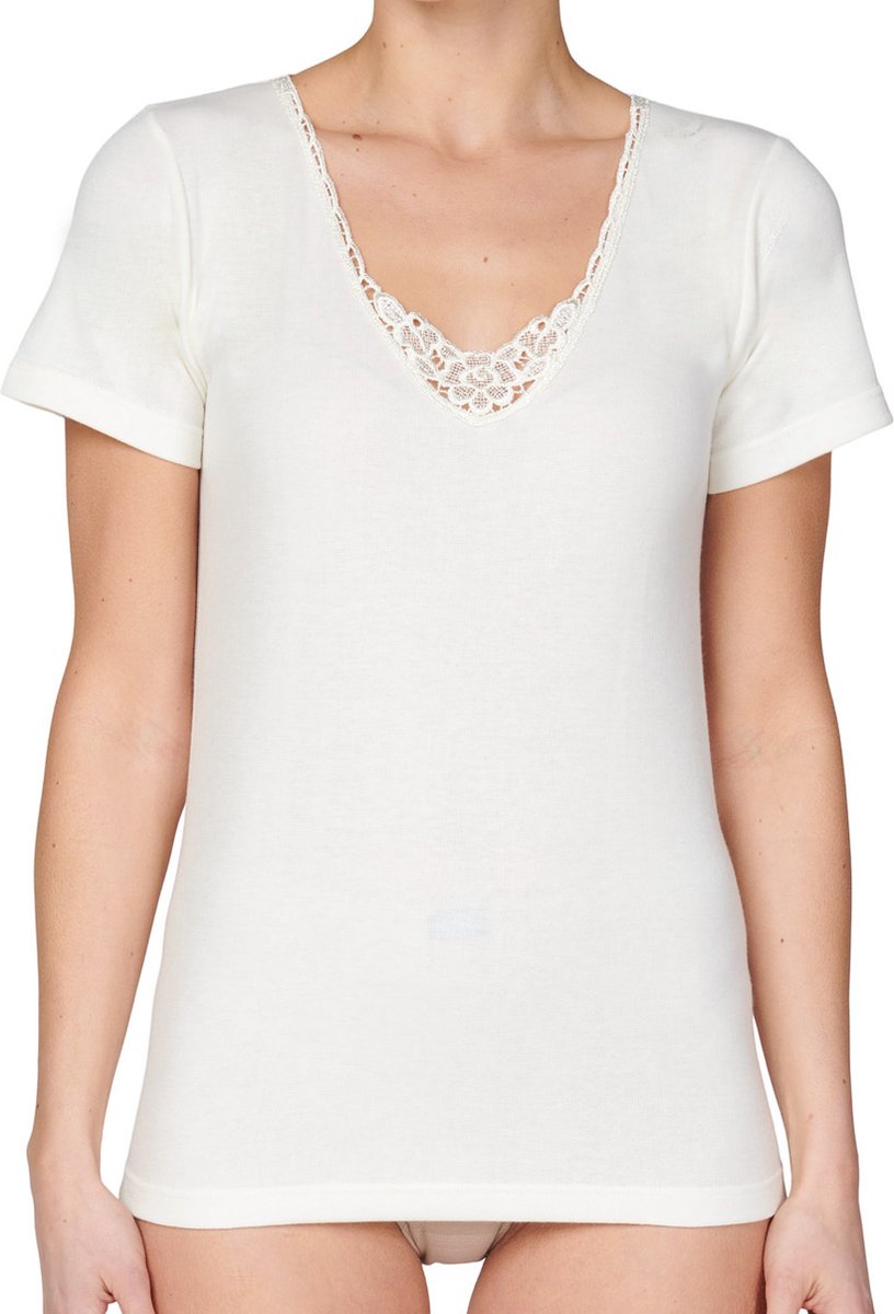 Entex dames thermo shirt korte mouw met kant - Wollen thermisch ondergoed dames - Crème / M - Creme