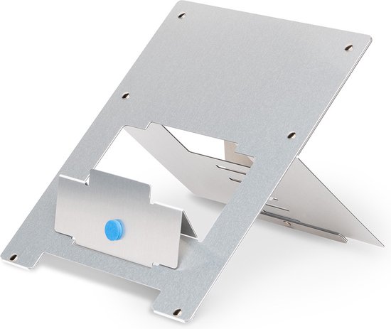 Zilverkleurige, opvouwbare laptopstandaard van aluminium met een blauwe knop.
