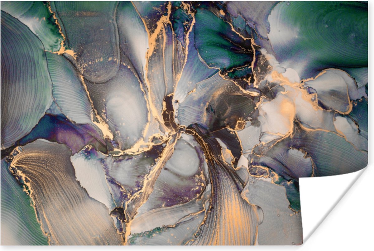 Poster Goud - Blauw - Marmer - 30x20 cm