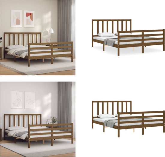 vidaXL Bedframe met hoofdbord massief hout honingbruin 5FT King Size - Bedframe - Bedframes - Bed - Tweepersoonsbed