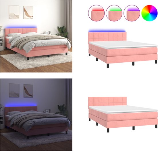 vidaXL Boxspring met matras en LED fluweel roze 140x200 cm - Boxspring - Boxsprings - Bed - Slaapmeubel