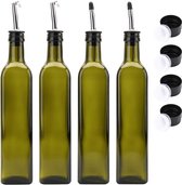 set van 4 olieflessen azijnflessen met schenktuit en klep olijfoliedispenserfles glazen fles voor oliesausazijn - donkergroen, 500 ml