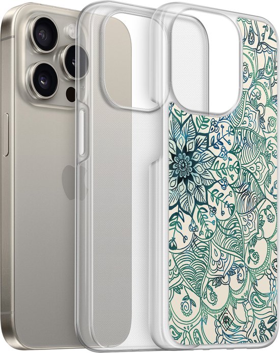 Coque silicone iPhone 15 Pro Max - Mandala bleu - Coque hybride 2 en 1 Casimoda- Antichoc - Motif géométrique - Bords relevés - Blauw, Transparent