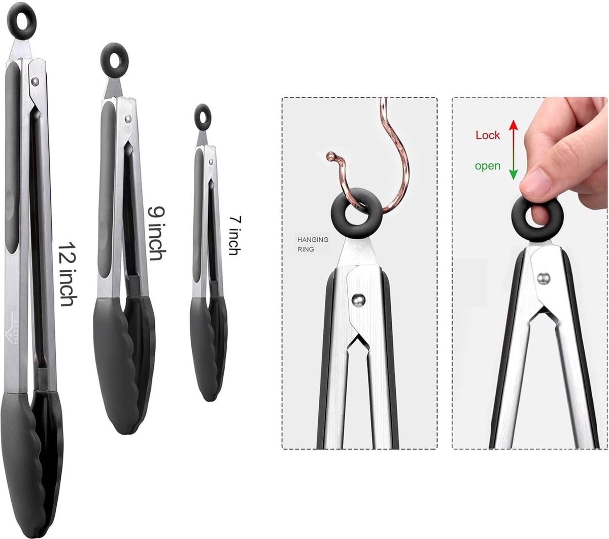 Premium roestvrijstalen keukentang met siliconen punten grilltangenset van 3-18 cm 23 cm en 30 5 cm zwart