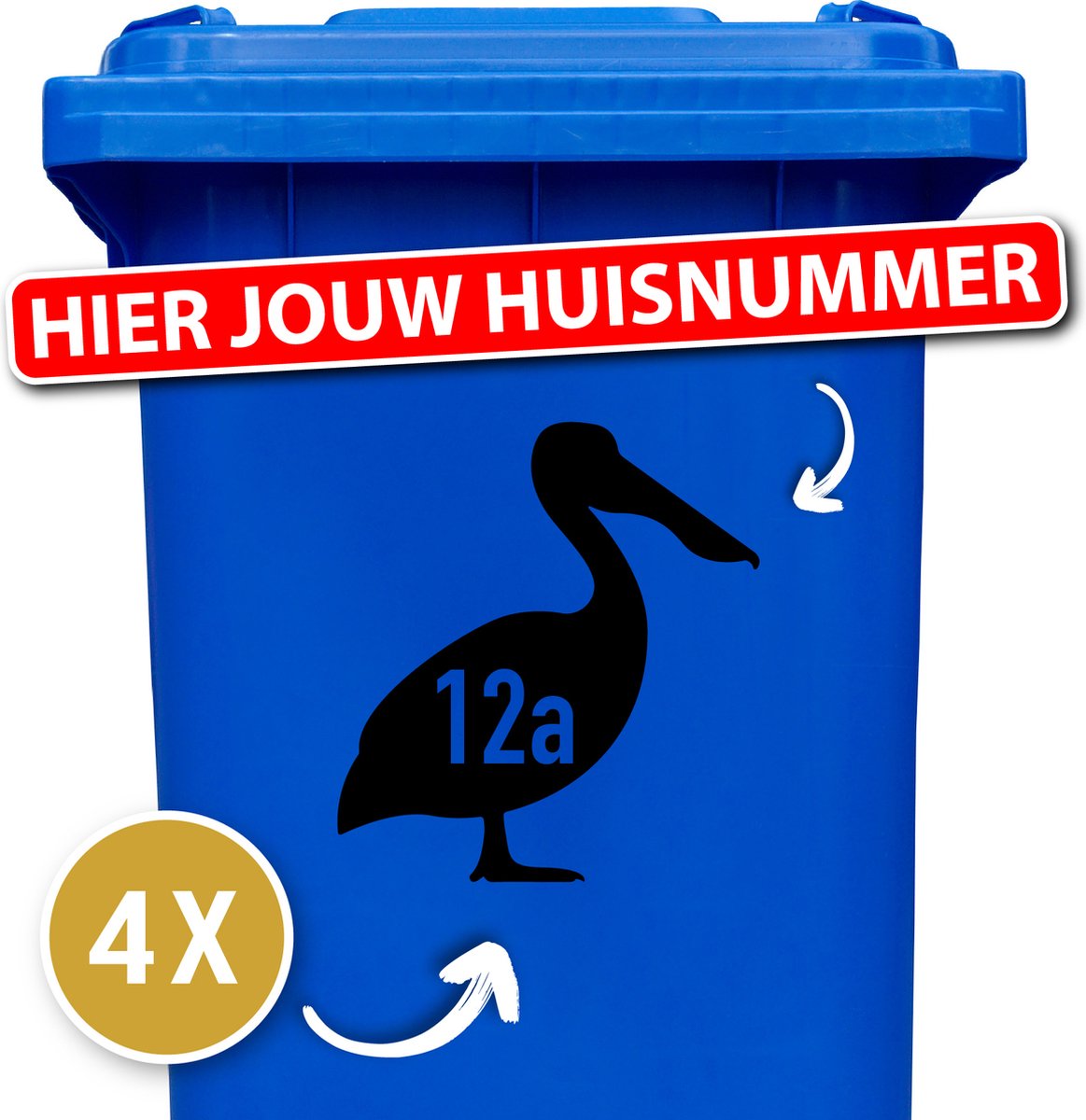 Container Sticker Huisnummer + Pelikaan 4 Stuks - Zwart - 20 x 20 cm - kliko Sticker Voordeelset - Containerstickers - Weerbestendige Stickers - Stickers Buiten - Containersticker Huisnummer - klikostickers - Cijfer Sticker