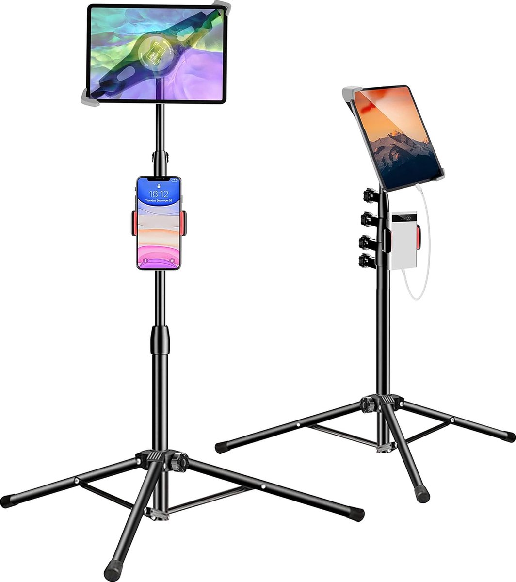 Tablet-statief, in hoogte verstelbare tabletvloerstandaard met 2 houders voor iPad Pro 12,9/11/10,5/9,7, iPad Air, Samsung Tab, Surface Pro en alle 9-15 inch tablets