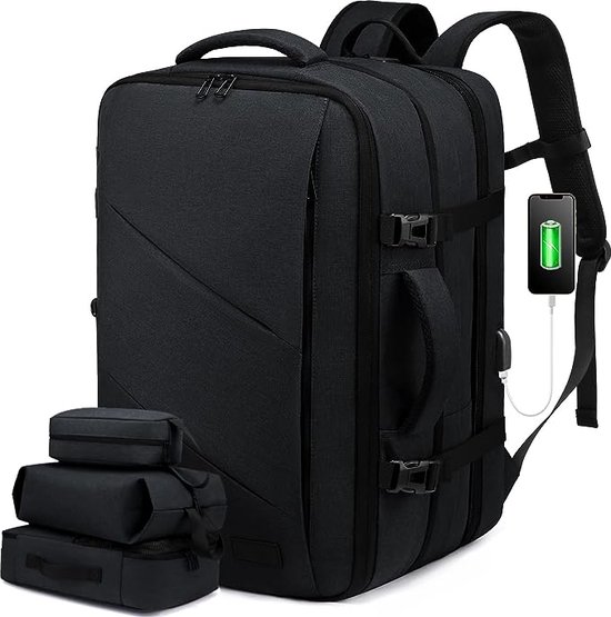 Reisrugzak voor dames en heren, handbagage, grote uitbreidbare rugzak, goedgekeurde handbagage rugzak, laptoprugzak 15,6 inch/45,7 cm, weekendtas voor wandelen - Zwart