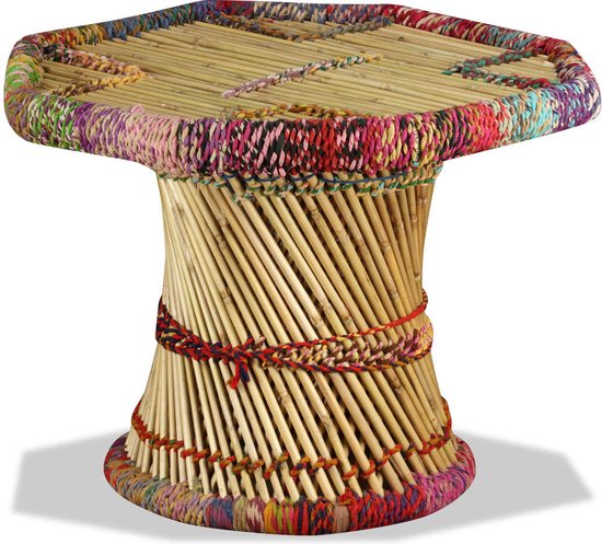 Table basse octogonale avec détails chindi bambou multicolore