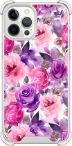 Casimoda® hoesje - Geschikt voor iPhone 12 Pro Max - Rosy Blooms - Shockproof case - Extra sterk - TPU/polycarbonaat - Paars, Transparant