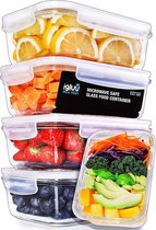 Glazen Meal Prep Containers met Transparante Luchtklep Deksels - Luchtdicht Portie Controle Voedsel Vershoudbak - BPA Vrij - Magnetron, Vriezer en Vaatwasserbestendig [5 Stuks + 1 Extra Deksel]