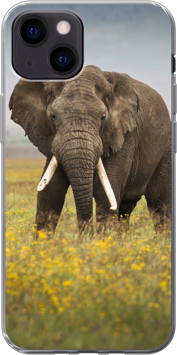 Telefoonhoesje Geschikt voor iPhone 13 mini hoesje - Olifant - Bloemen - Gras - Dieren - Natuur - Siliconen Telefoonhoesje Telefoonhoesje