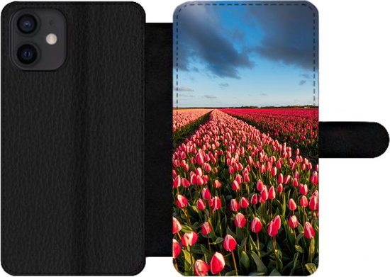 Foto: Bookcase geschikt voor iphone 12 mini telefoonhoesje kleurrijke tulpen in nederlands landschap met vakjes wallet case met magneetsluiting