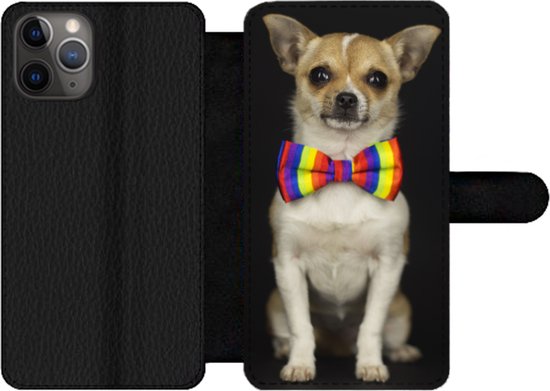 Telefoonhoesje Geschikt voor iPhone 11 Pro Max telefoonhoesje - Hond - Strik - Zwart - Met vakjes - Wallet case met magneetsluiting