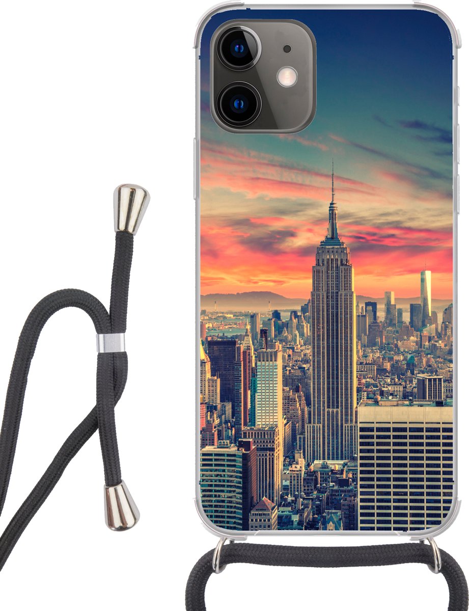 Telefoonhoesje Geschikt voor iPhone 12 Mini - New York - Manhattan - Empire State Building - Siliconen - Crossbody - Backcover met Koord - Telefoonhoesje met koord - Hoesje met touw Telefoonhoesje