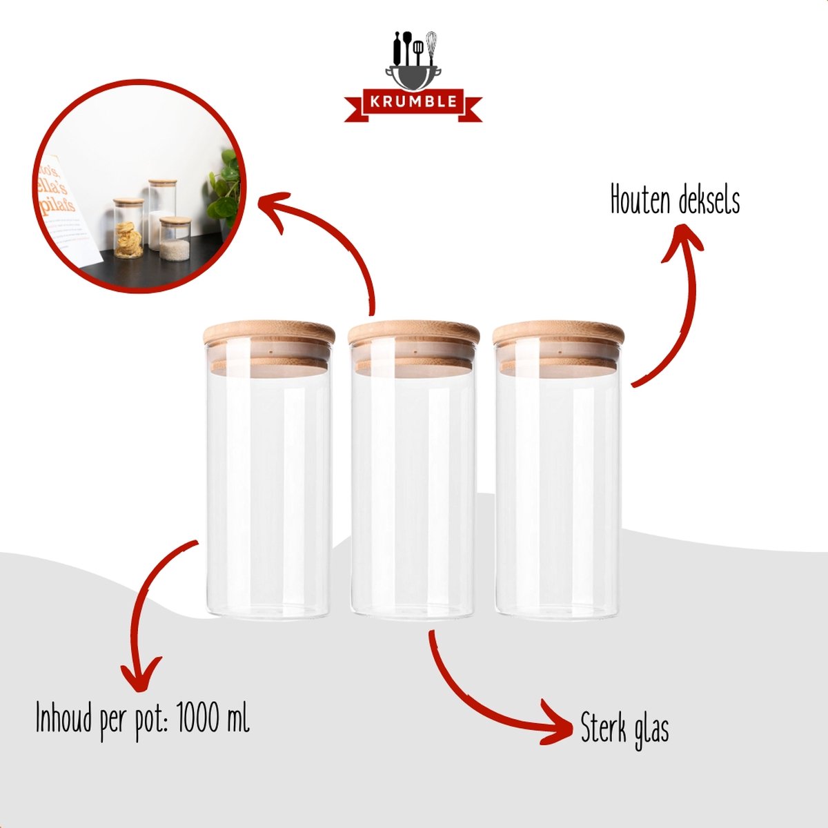 Krumble Voorraadpotten - Set van 3 - 1000 ml per pot - Met deksel - Suikerpotten - Snoeppotten - Glazen potten - Voorraadbussen - Bewaarpot - 3-delig - Opbergen en bewaren - Luchtdicht - Glas - Hout - 9 x 9 x 20,5 cm — cadeau in Wonen & Interieur - foto 3