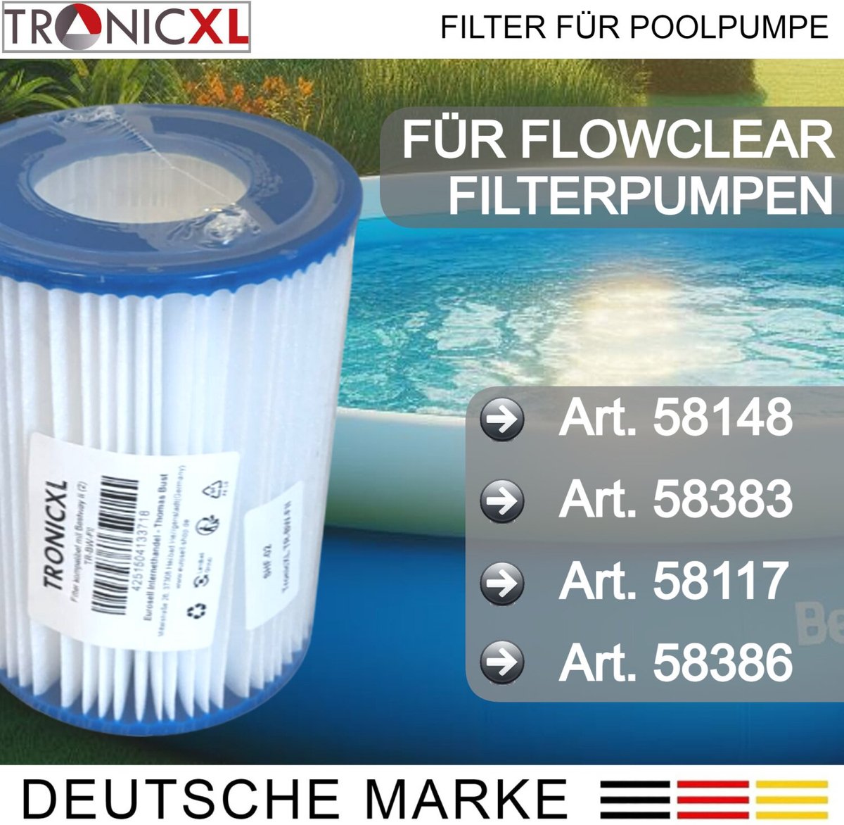 TronicXL 6 stuks filters geschikt voor Bestway TYPE II - filterpatroon geschikt voor Flowclear 58383 58386 58094 58117 58386GS - Pool Pompen 530/800 gal/h – waterfilter