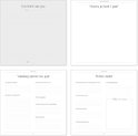 Vier pagina's van een opgroeiboek met de titels 'Een brief aan jou', 'Hoera, je bent 1 jaar!', 'Vandaag vieren we jou!' en 'Trotse ouder'.