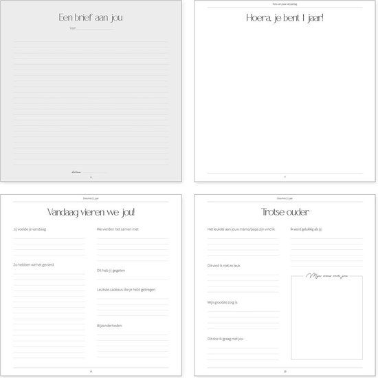 Vier pagina's van een opgroeiboek met de titels 'Een brief aan jou', 'Hoera, je bent 1 jaar!', 'Vandaag vieren we jou!' en 'Trotse ouder'.