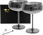 Verre à Martini, bol à champagne en acier inoxydable de 400 ml avec 2 piques à cocktail, 2 pièces (noir)