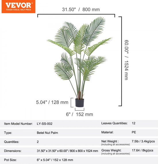 VEVOR 2x Areca Catechu Artificial 800x800x1219mm Artificial Plant PE
