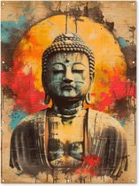 Tuinposter 120x160 cm - Tuindecoratie - Boeddha - Graffiti - Street art - Boedha beeld - Buddha - Poster voor in de tuin - Buiten decoratie - Schutting tuinschilderij - Muurdecoratie - Tuindoek - Buitenposter..
